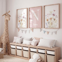 Blush Wildflower Nursery Wall Art Set – Personalized Name Floral Print – Pink Botanical Baby Girl Room Decor – Boho Flower Prints