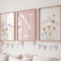 Blush Wildflower Nursery Wall Art Set – Personalized Name Floral Print – Pink Botanical Baby Girl Room Decor – Boho Flower Prints