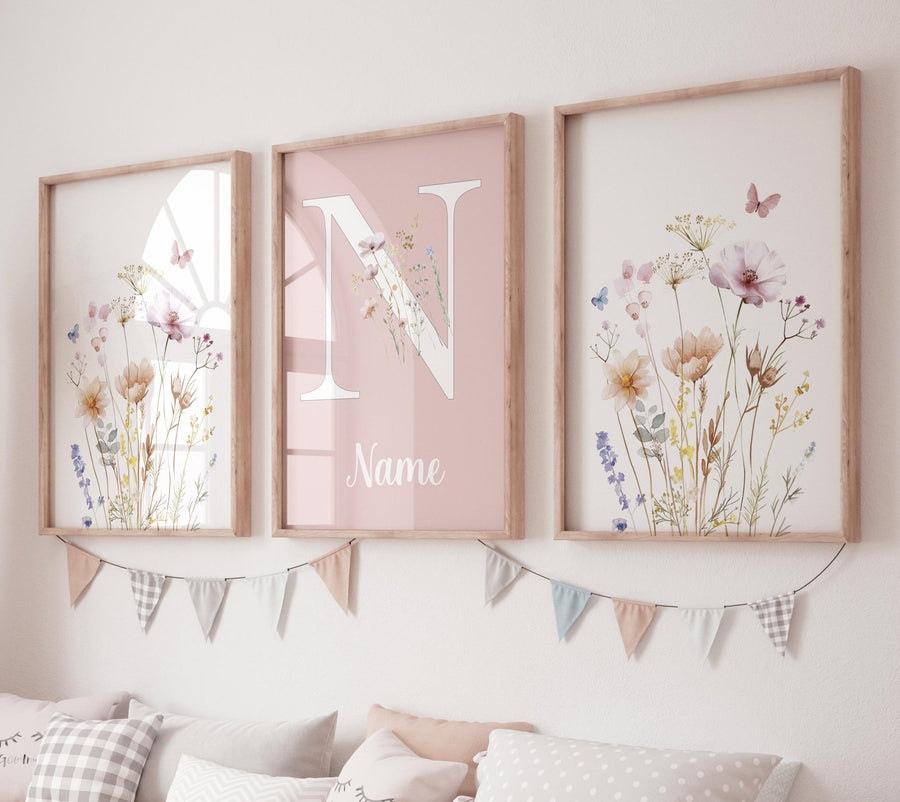 Blush Wildflower Nursery Wall Art Set – Personalized Name Floral Print – Pink Botanical Baby Girl Room Decor – Boho Flower Prints