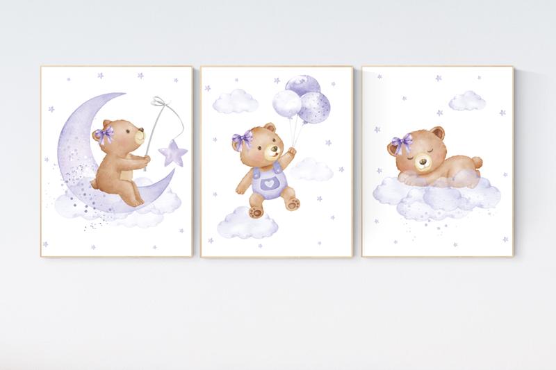 Nursery decor girl purple, nursery decor bear, teddy bear nursery, lilac nursery print, lavender, baby room decor, nursery wall art animals