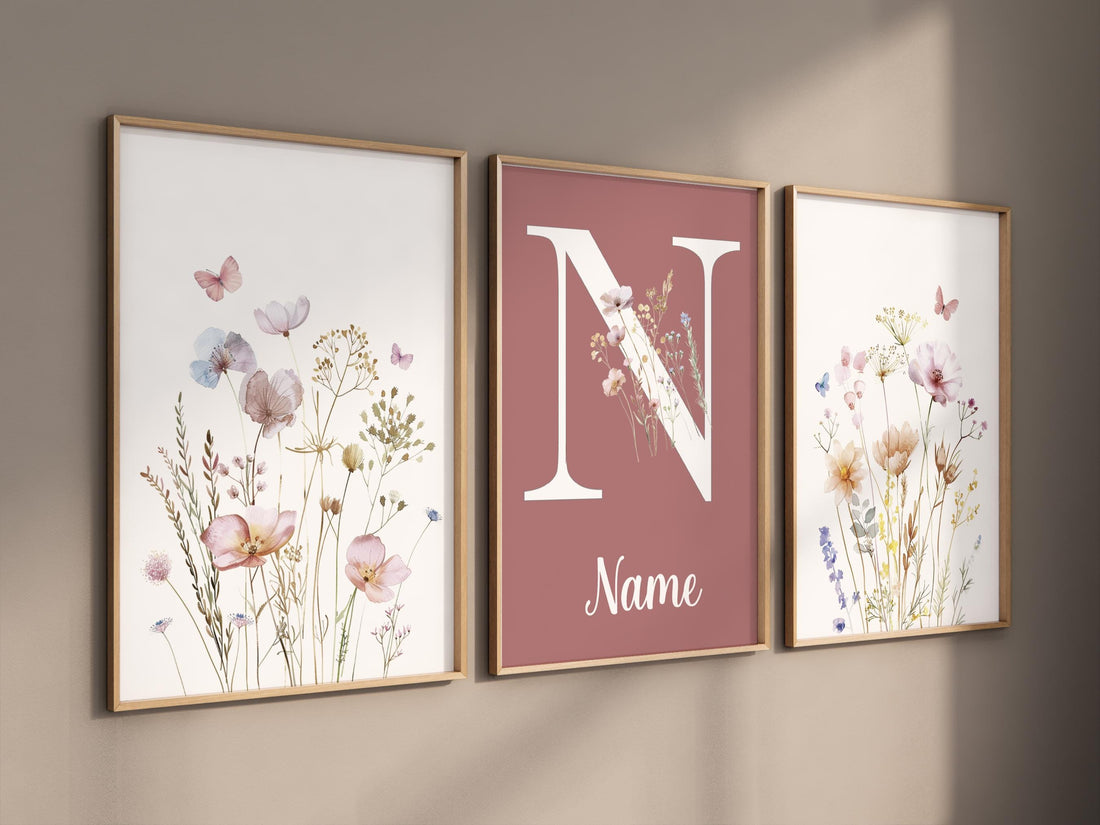 Wildflower Name Wall Art Set – Mauve Pink Floral Nursery Prints – Personalized Boho Botanical Decor for Baby Girl or Kids Room