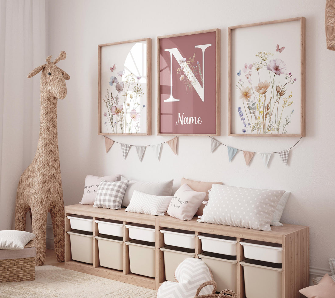 Wildflower Name Wall Art Set – Mauve Pink Floral Nursery Prints – Personalized Boho Botanical Decor for Baby Girl or Kids Room