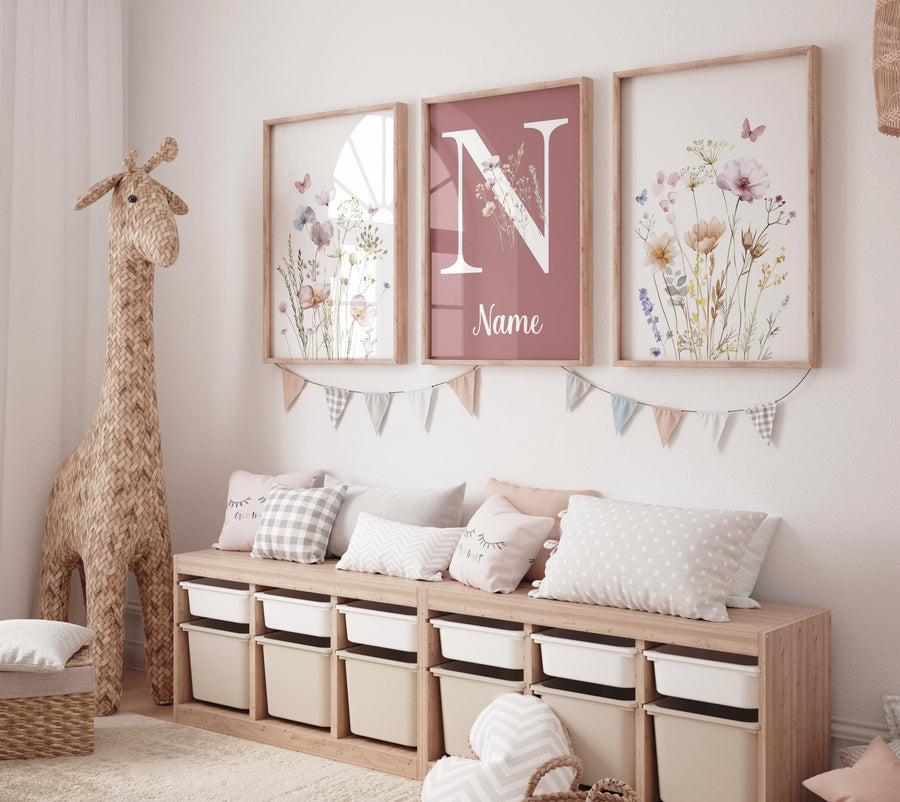 Wildflower Name Wall Art Set – Mauve Pink Floral Nursery Prints – Personalized Boho Botanical Decor for Baby Girl or Kids Room