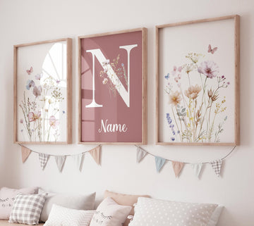Wildflower Name Wall Art Set – Mauve Pink Floral Nursery Prints – Personalized Boho Botanical Decor for Baby Girl or Kids Room