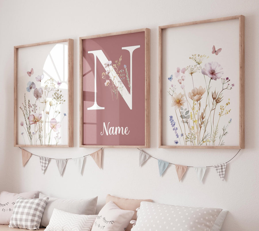 Wildflower Name Wall Art Set – Mauve Pink Floral Nursery Prints – Personalized Boho Botanical Decor for Baby Girl or Kids Room