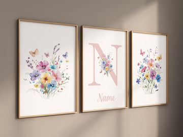 Colorful Wildflower Name Wall Art Set – Personalized Floral Print for Girls – Butterfly Watercolor Nursery Decor – Bright Boho Poster