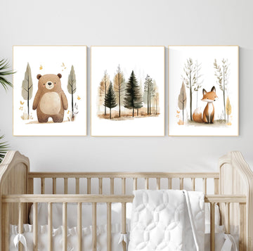 Woodland Nursery Wall Art Set – Bear Fox Forest Prints – Neutral Baby Room Decor – Watercolor Woodland Animal prints, woodland animals