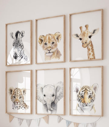 Safari Baby Animal Wall Art Set of 6 – Jungle Animal Prints – Lion, Elephant, Zebra, Giraffe, Tiger, Leopard – Nursery Safari Decor