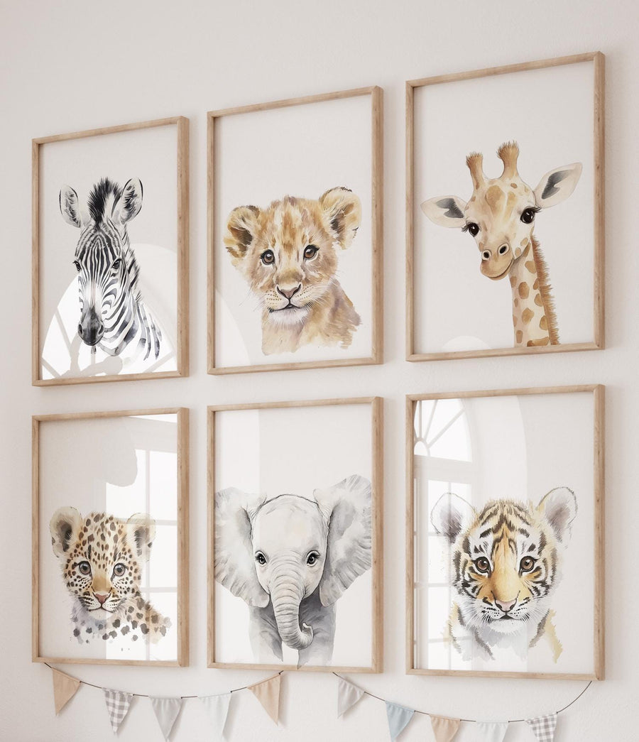 Safari Baby Animal Wall Art Set of 6 – Jungle Animal Prints – Lion, Elephant, Zebra, Giraffe, Tiger, Leopard – Nursery Safari Decor