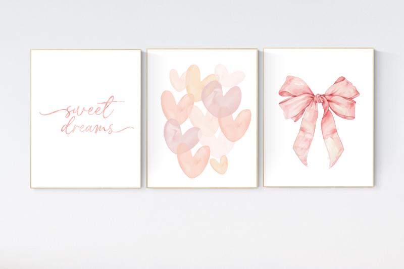 Sweet Dreams Nursery Wall Art Set, Blush Pink Heart and Bow Prints, Girl Bedroom Decor, Soft Pastel Baby Room Art, Dreamy Quote Poster