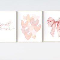 Sweet Dreams Nursery Wall Art Set, Blush Pink Heart and Bow Prints, Girl Bedroom Decor, Soft Pastel Baby Room Art, Dreamy Quote Poster