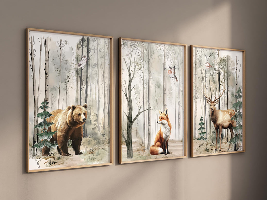 Nursery decor woodland, mountain wall art, tree nursery decor, adventure theme nursery, forest, sage green, beige, woodland animals