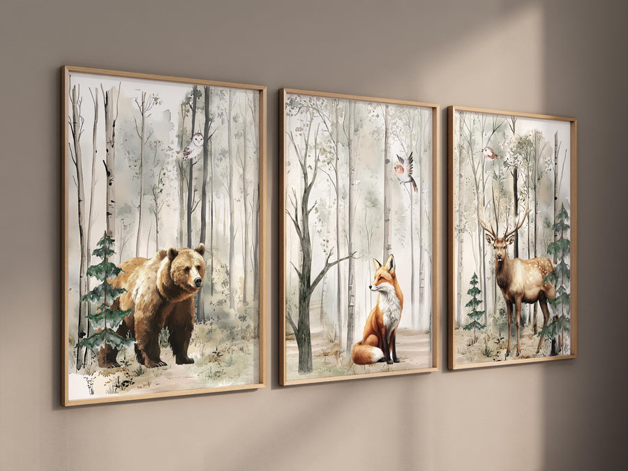 Nursery decor woodland, mountain wall art, tree nursery decor, adventure theme nursery, forest, sage green, beige, woodland animals