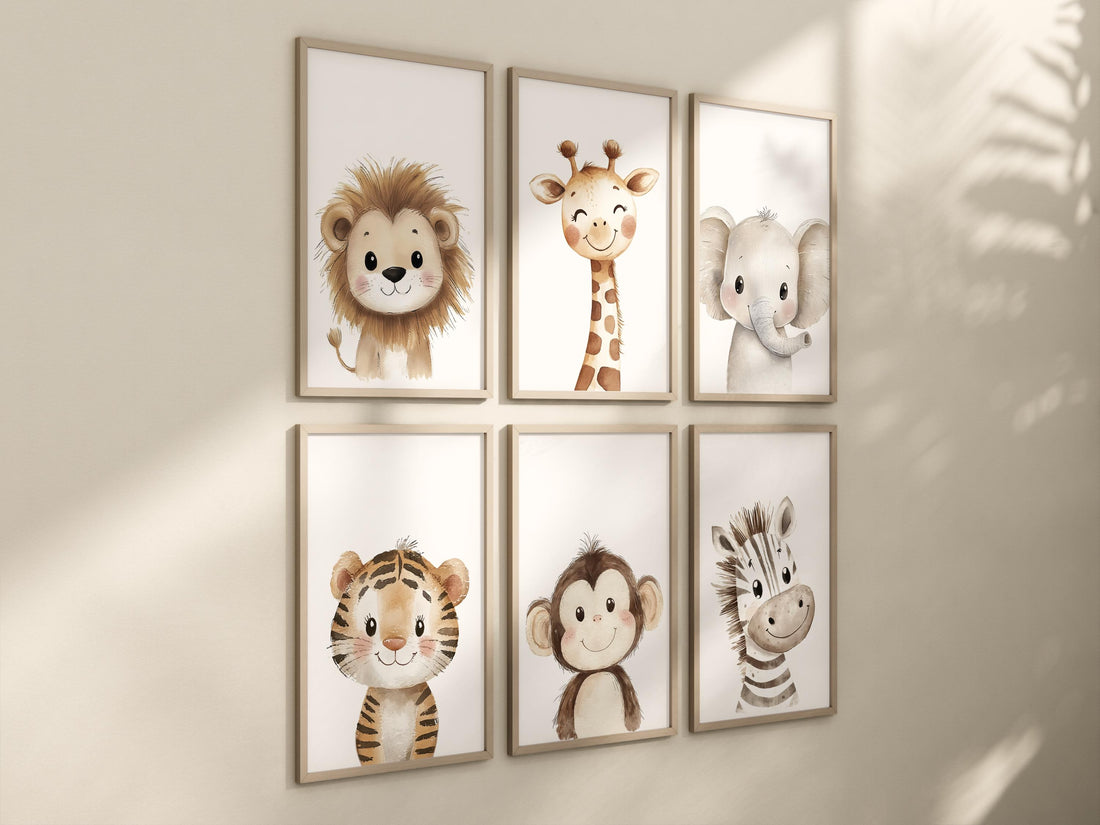 Safari Animal Nursery Wall Art Set of 6, Neutral Jungle Baby Room Decor, Lion Giraffe Elephant Prints, Cute Zoo Animals for Boys or Girls