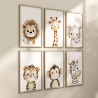 Safari Animal Nursery Wall Art Set of 6, Neutral Jungle Baby Room Decor, Lion Giraffe Elephant Prints, Cute Zoo Animals for Boys or Girls