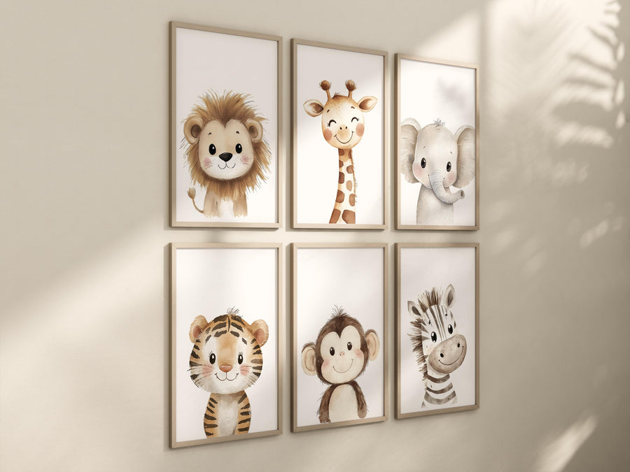 Safari Animal Nursery Wall Art Set of 6, Neutral Jungle Baby Room Decor, Lion Giraffe Elephant Prints, Cute Zoo Animals for Boys or Girls