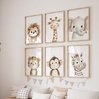 Safari Animal Nursery Wall Art Set of 6, Neutral Jungle Baby Room Decor, Lion Giraffe Elephant Prints, Cute Zoo Animals for Boys or Girls
