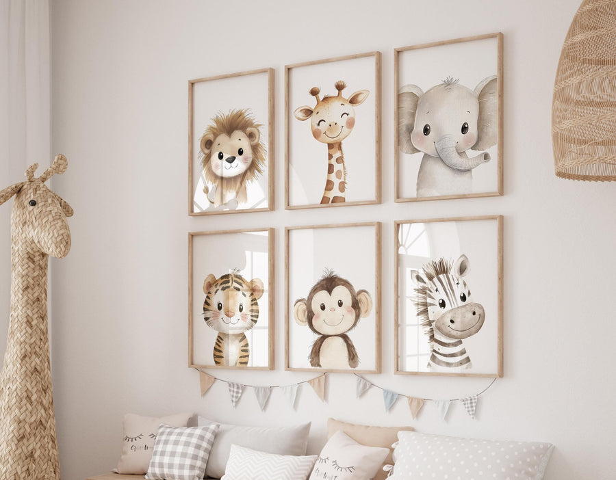Safari Animal Nursery Wall Art Set of 6, Neutral Jungle Baby Room Decor, Lion Giraffe Elephant Prints, Cute Zoo Animals for Boys or Girls