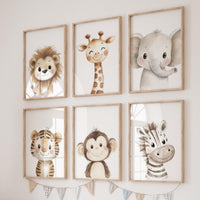 Safari Animal Nursery Wall Art Set of 6, Neutral Jungle Baby Room Decor, Lion Giraffe Elephant Prints, Cute Zoo Animals for Boys or Girls