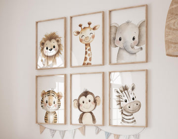 Safari Animal Nursery Wall Art Set of 6, Neutral Jungle Baby Room Decor, Lion Giraffe Elephant Prints, Cute Zoo Animals for Boys or Girls