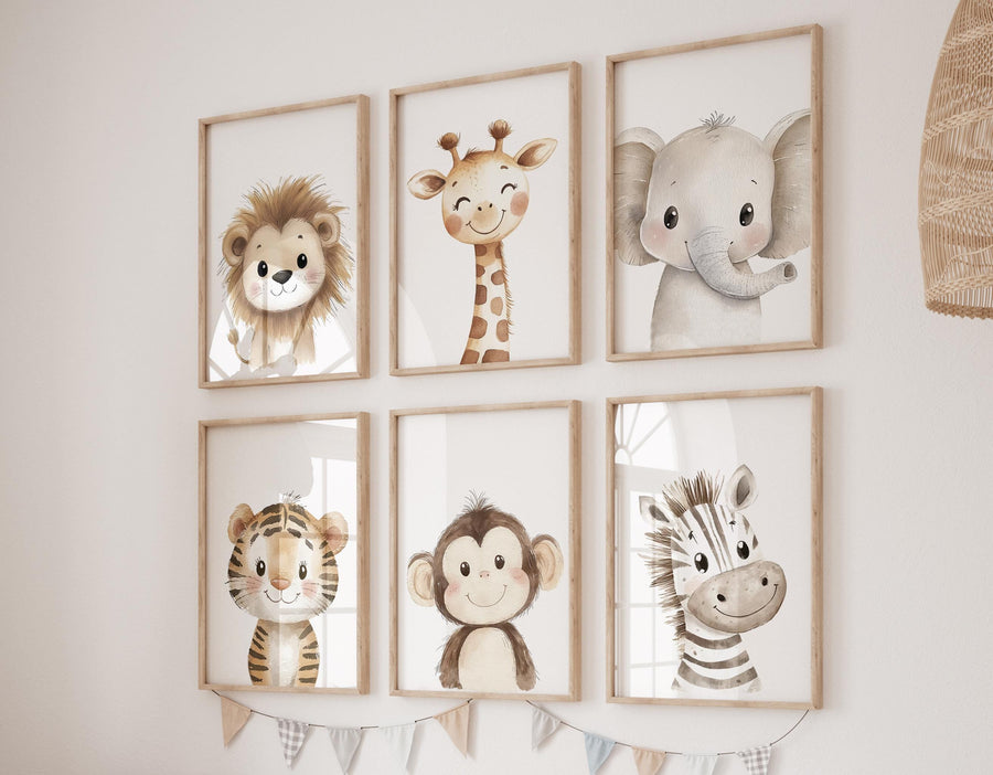 Safari Animal Nursery Wall Art Set of 6, Neutral Jungle Baby Room Decor, Lion Giraffe Elephant Prints, Cute Zoo Animals for Boys or Girls