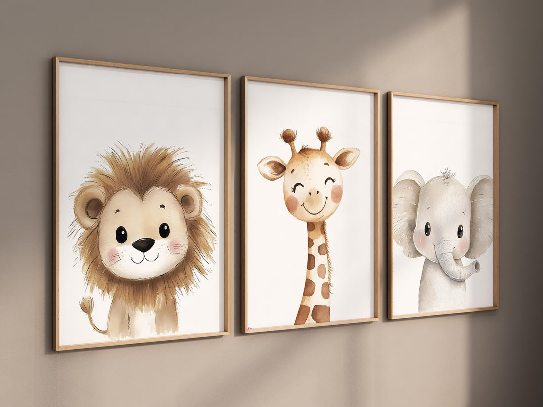 Safari Animal Nursery Wall Art Set of 3, Lion Giraffe Elephant Prints, Neutral Jungle Baby Room Decor, Cute Watercolor Zoo Animals