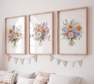 Colorful Floral Bouquet Wall Art Set, Watercolor Flower Prints, Bright Botanical Home Decor, Living Room Bedroom Wall Art, Boho Flowers