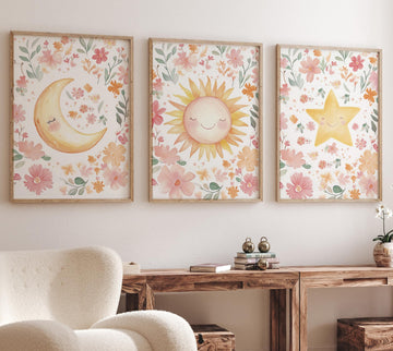 Sun Moon Star Nursery Wall Art Set, Floral Baby Girl Room Decor, Watercolor Celestial Prints, Blush Pink Yellow Boho Kids Wall Art
