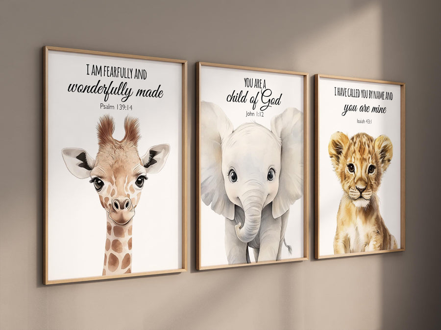 Safari Bible Verse Nursery Wall Art Set, Giraffe Elephant Lion Prints, Christian Baby Room Decor, Scripture Animal Posters for Kids