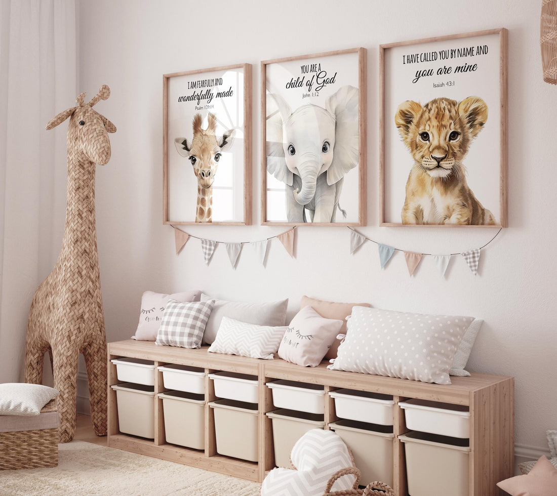 Safari Bible Verse Nursery Wall Art Set, Giraffe Elephant Lion Prints, Christian Baby Room Decor, Scripture Animal Posters for Kids