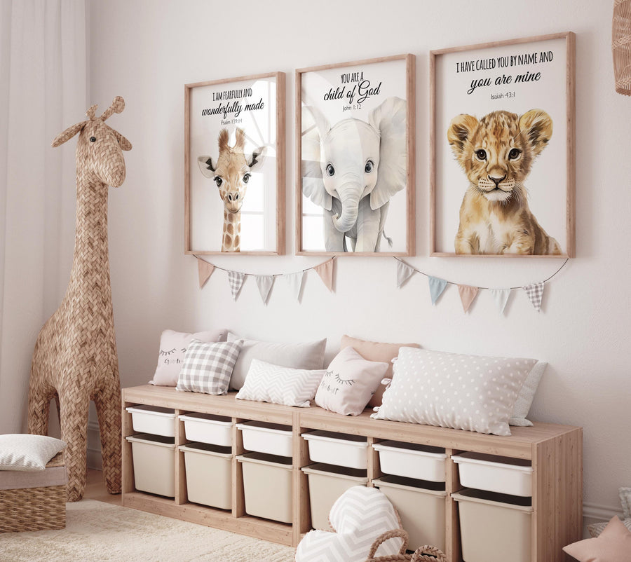 Safari Bible Verse Nursery Wall Art Set, Giraffe Elephant Lion Prints, Christian Baby Room Decor, Scripture Animal Posters for Kids