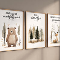 Woodland Bible Verse Nursery Wall Art, Bear Fox Forest Prints, Christian Baby Room Decor, Scripture Animal Posters, Gender Neutral Set