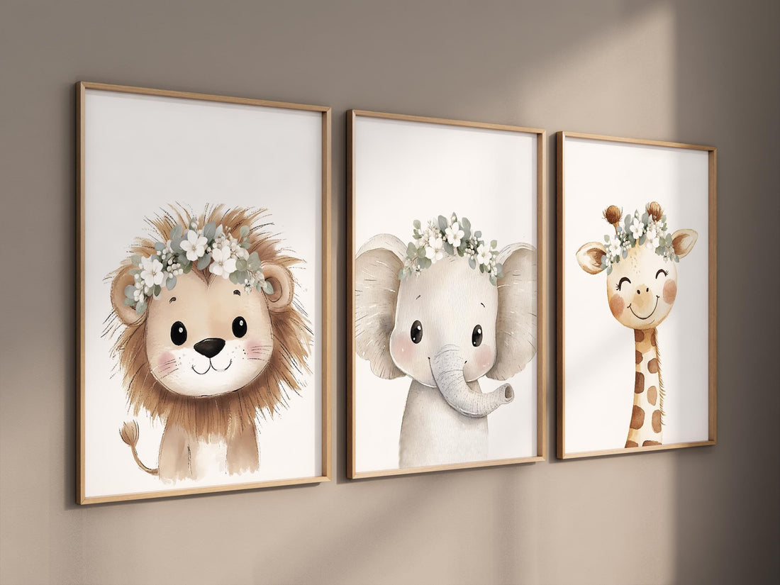 Safari Nursery Wall Art Set, Baby Animal Prints with White Flower Crowns, Lion Elephant Giraffe Poster for Girl’s Room or Baby Shower