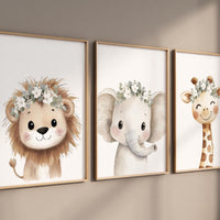 Safari Nursery Wall Art Set, Baby Animal Prints with White Flower Crowns, Lion Elephant Giraffe Poster for Girl’s Room or Baby Shower