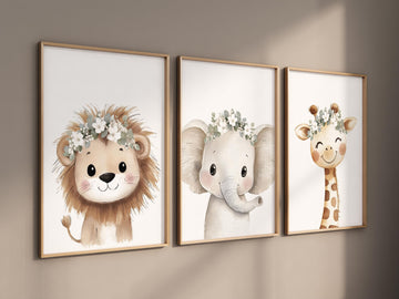 Safari Nursery Wall Art Set, Baby Animal Prints with White Flower Crowns, Lion Elephant Giraffe Poster for Girl’s Room or Baby Shower