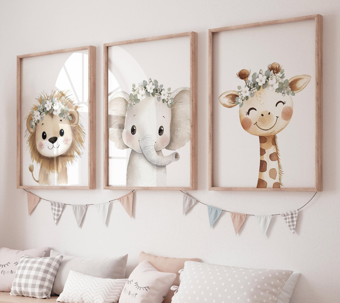 Safari Nursery Wall Art Set, Baby Animal Prints with White Flower Crowns, Lion Elephant Giraffe Poster for Girl’s Room or Baby Shower
