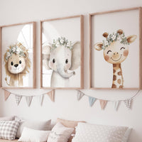 Safari Nursery Wall Art Set, Baby Animal Prints with White Flower Crowns, Lion Elephant Giraffe Poster for Girl’s Room or Baby Shower