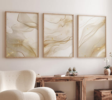 Beige Marble Wall Art Set: Gold Abstract Prints, Modern Decor