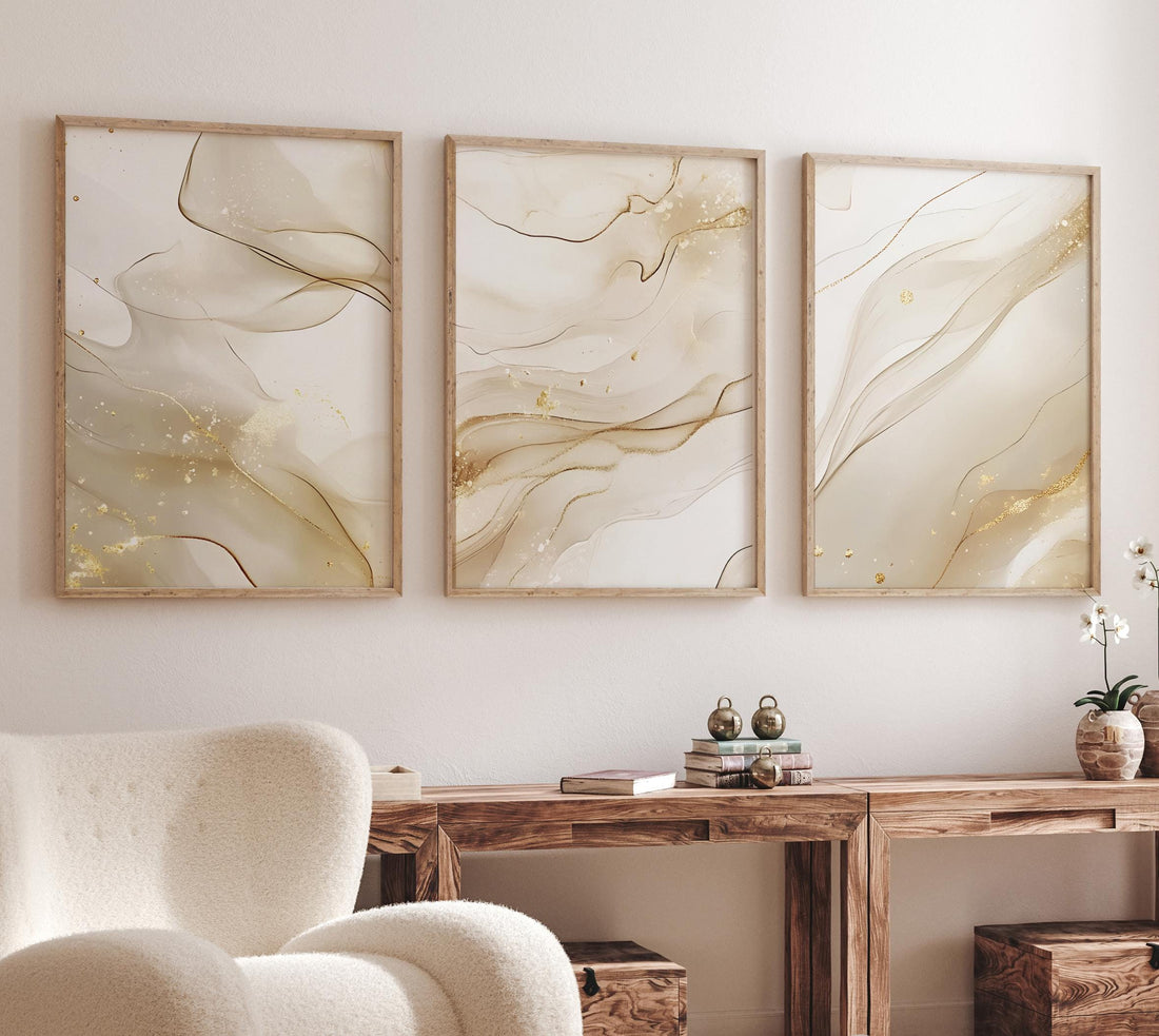Beige Marble Wall Art Set: Gold Abstract Prints, Modern Decor