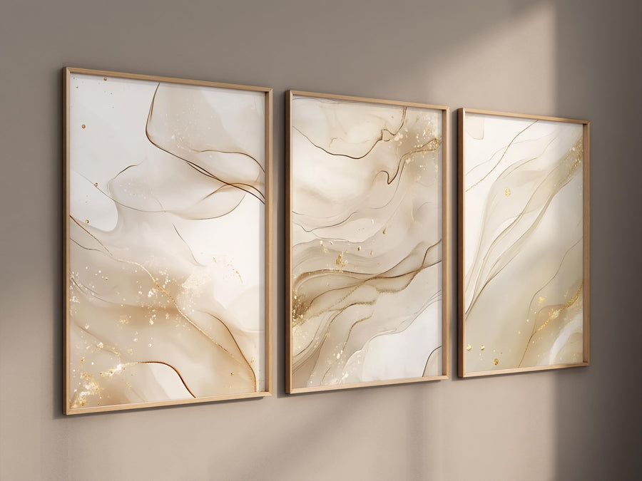 Beige Marble Wall Art Set: Gold Abstract Prints, Modern Decor