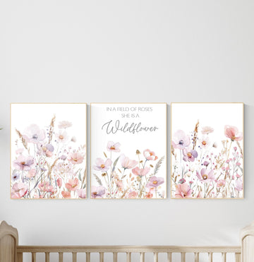 Wildflower Wall Art Set – “In a Field of Roses She Is a Wildflower” Quote with Blush Floral Prints – Girls Room or Nursery Decor Prints