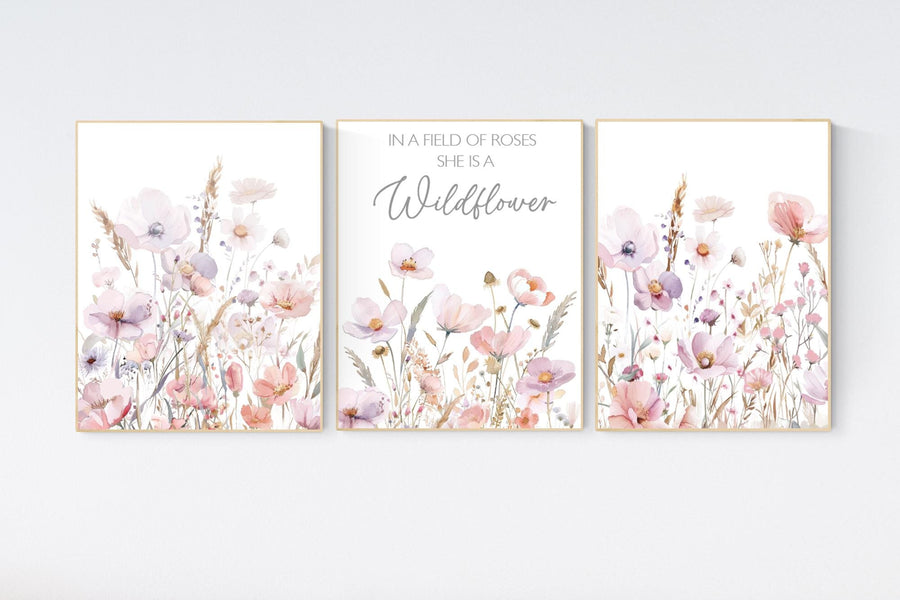 Wildflower Wall Art Set – “In a Field of Roses She Is a Wildflower” Quote with Blush Floral Prints – Girls Room or Nursery Decor Prints