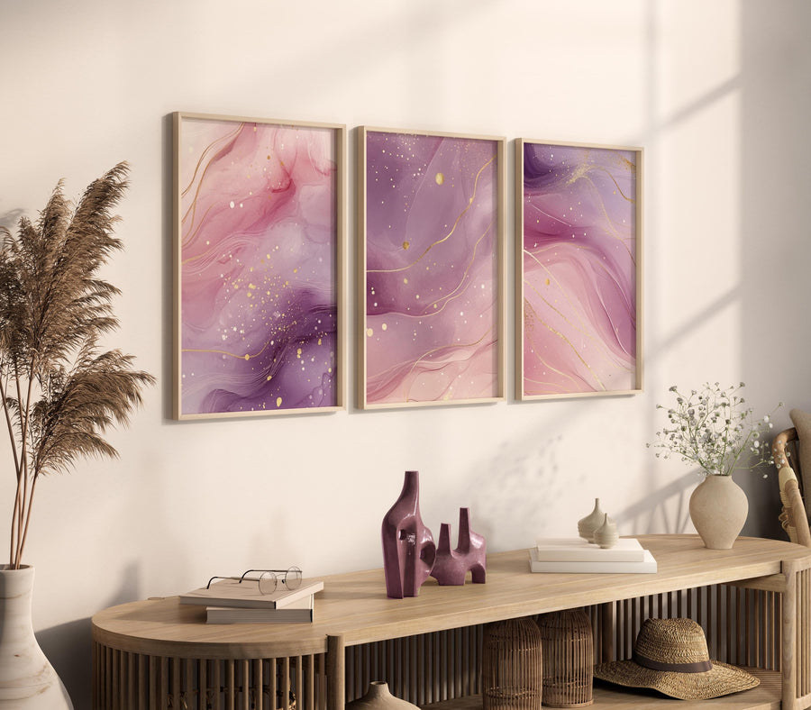 Pink Marble Wall Art Set: Abstract Gold Accent Prints