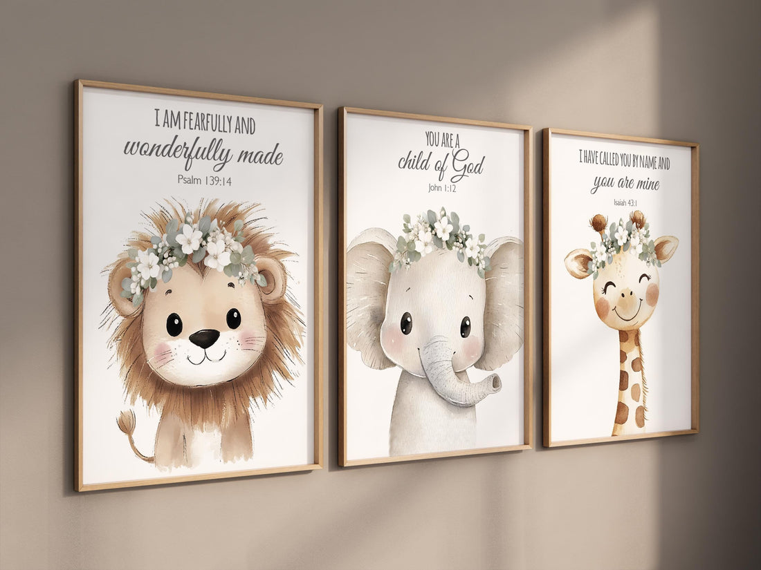 Animal Nursery Prints: Lion, Elephant, Giraffe, Christian Decor