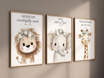 Animal Nursery Prints: Lion, Elephant, Giraffe, Christian Decor
