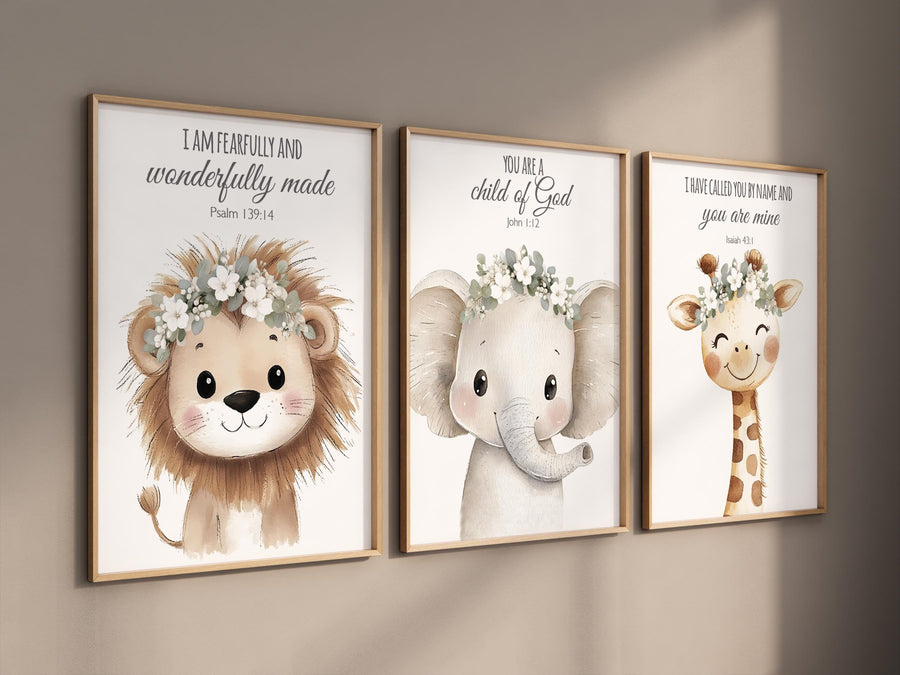 Animal Nursery Prints: Lion, Elephant, Giraffe, Christian Decor