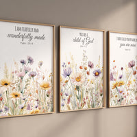 Bible Verse Wall Art Set, Floral Scripture Prints, Christian Nursery Decor, Fearfully Made, Child of God, You Are Mine, Pastel Flowers