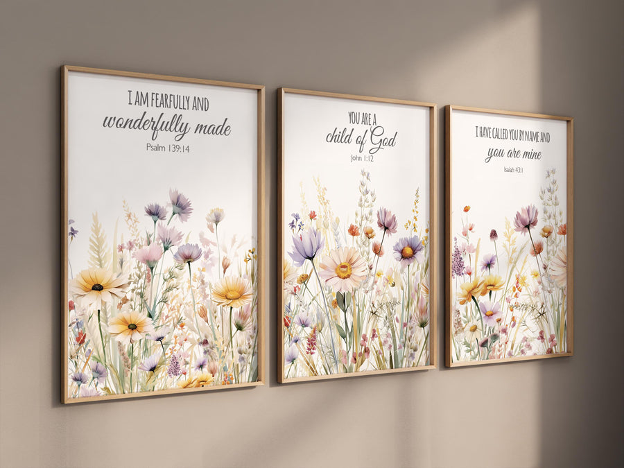 Bible Verse Wall Art Set, Floral Scripture Prints, Christian Nursery Decor, Fearfully Made, Child of God, You Are Mine, Pastel Flowers