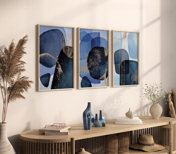 Blue Abstract Wall Art Set – Modern Navy and Gold Prints – Contemporary Minimalist Art for Living Room, Office, or Entryway Decor