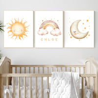 Personalized Sun Moon Rainbow Print Set: Boho Nursery Decor